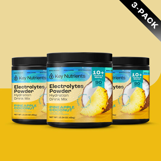 Three containers of Electrolyte Recovery Plus Powder, Pineapple Coconut, Sugar-Free, 3-pack label.