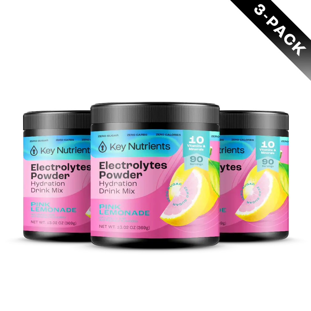 Three packs of Electrolyte Recovery Plus Powder (Sugar-Free) in Pink Lemonade flavor, an ideal hydration drink for those on a keto diet.