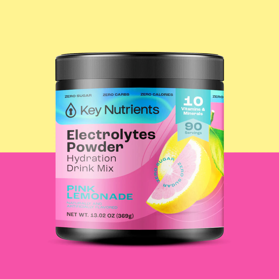 Jar of Electrolyte Recovery Plus Powder (Sugar-Free), a keto diet-friendly hydration drink, displayed on a vibrant pink and yellow background.