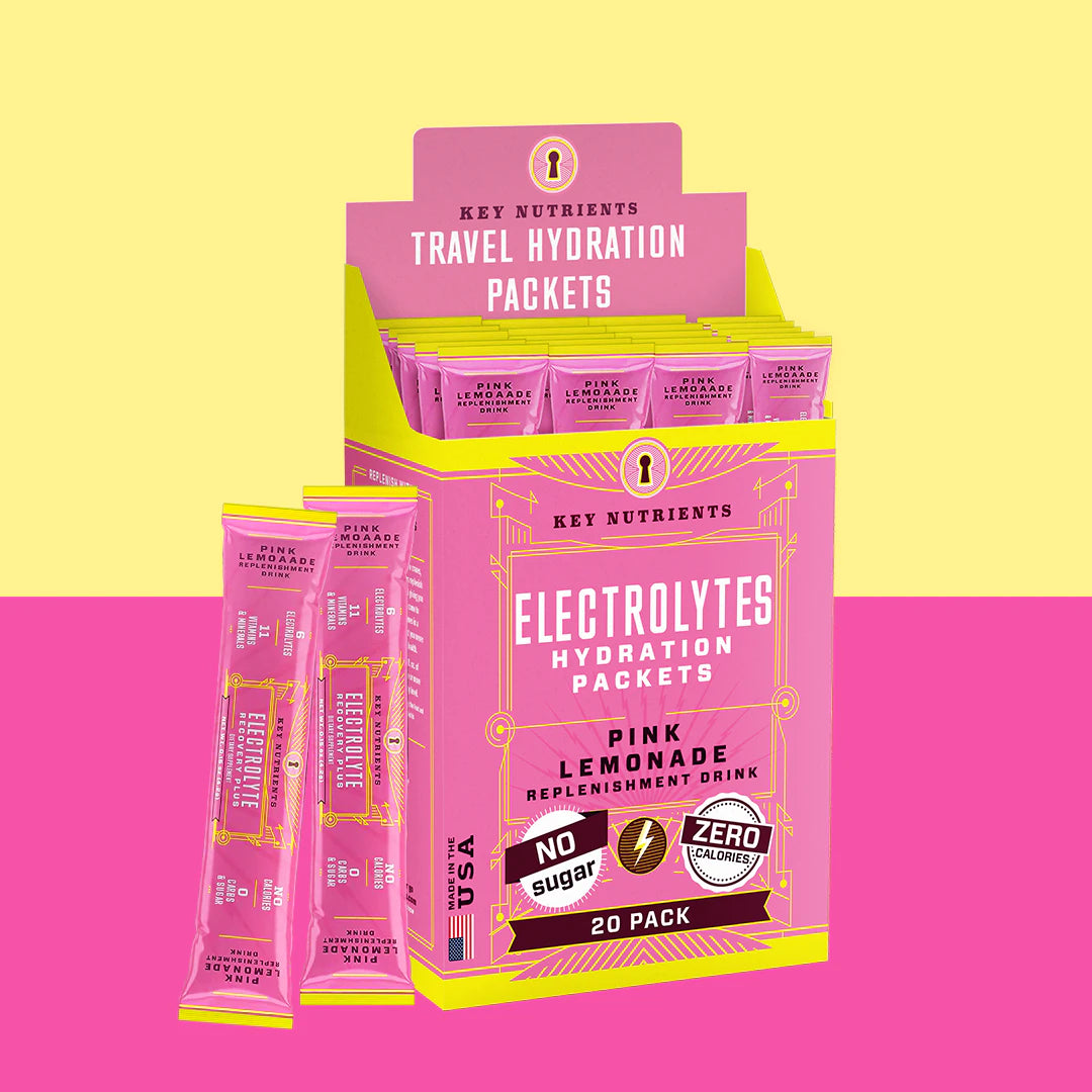 Box of Electrolyte Recovery Plus Powder (Sugar-Free), 20-pack, against a pink and yellow background. This hydration drink is keto diet friendly, perfect for replenishing essential minerals.