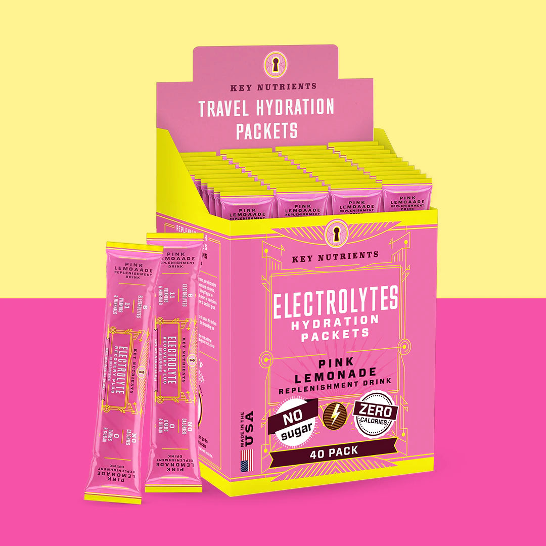 Box of Electrolyte Recovery Plus Powder (Sugar-Free) on a pink and yellow background, ideal for a revitalizing hydration drink. Suitable for the keto diet too!