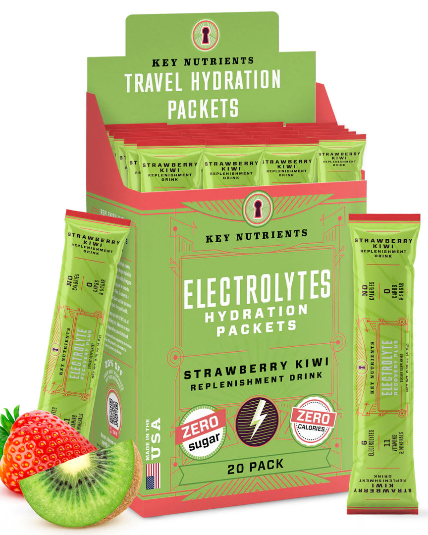 Green box of Electrolyte Recovery Plus Powder (Sugar-Free) Hydration Packets, strawberry kiwi flavor, 20 pack. Keto diet friendly for those seeking hydration support.