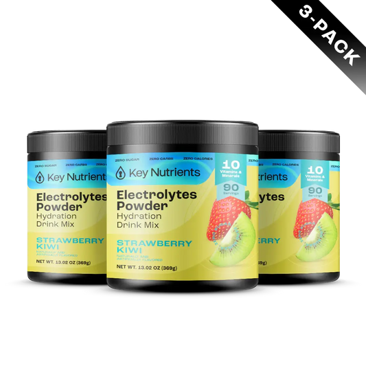 Strawberry Kiwi - 270 servings Three containers of Electrolyte Recovery Plus Powder (Sugar-Free) in Strawberry Kiwi flavor, labeled as a 3-pack, provide a Hydration Drink ideal for those on a Keto Diet.