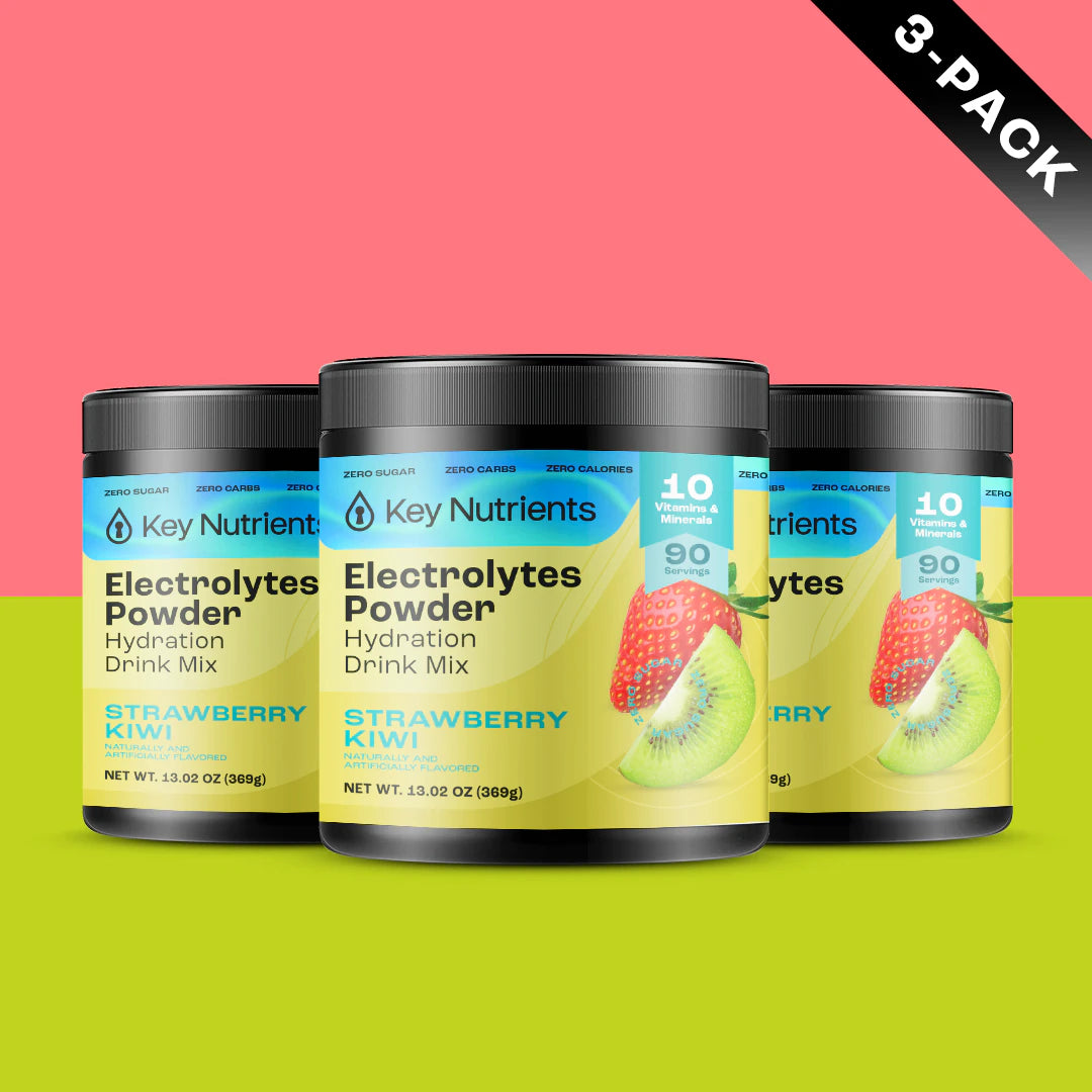 Three containers of Electrolyte Recovery Plus Powder (Sugar-Free), which is keto diet friendly with a strawberry kiwi flavor, sit on a pink and green background, labeled as a 3-Pack.