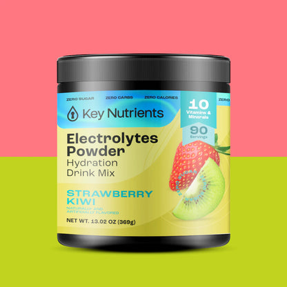 Discover the invigorating flavor of our Electrolyte Recovery Plus Powder (Sugar-Free) in strawberry kiwi, a hydration drink mix ideal for those following a Keto Diet. Surrounded by a vibrant, colorful background, this blend recharges your senses and keeps you energized and refreshed throughout the day.