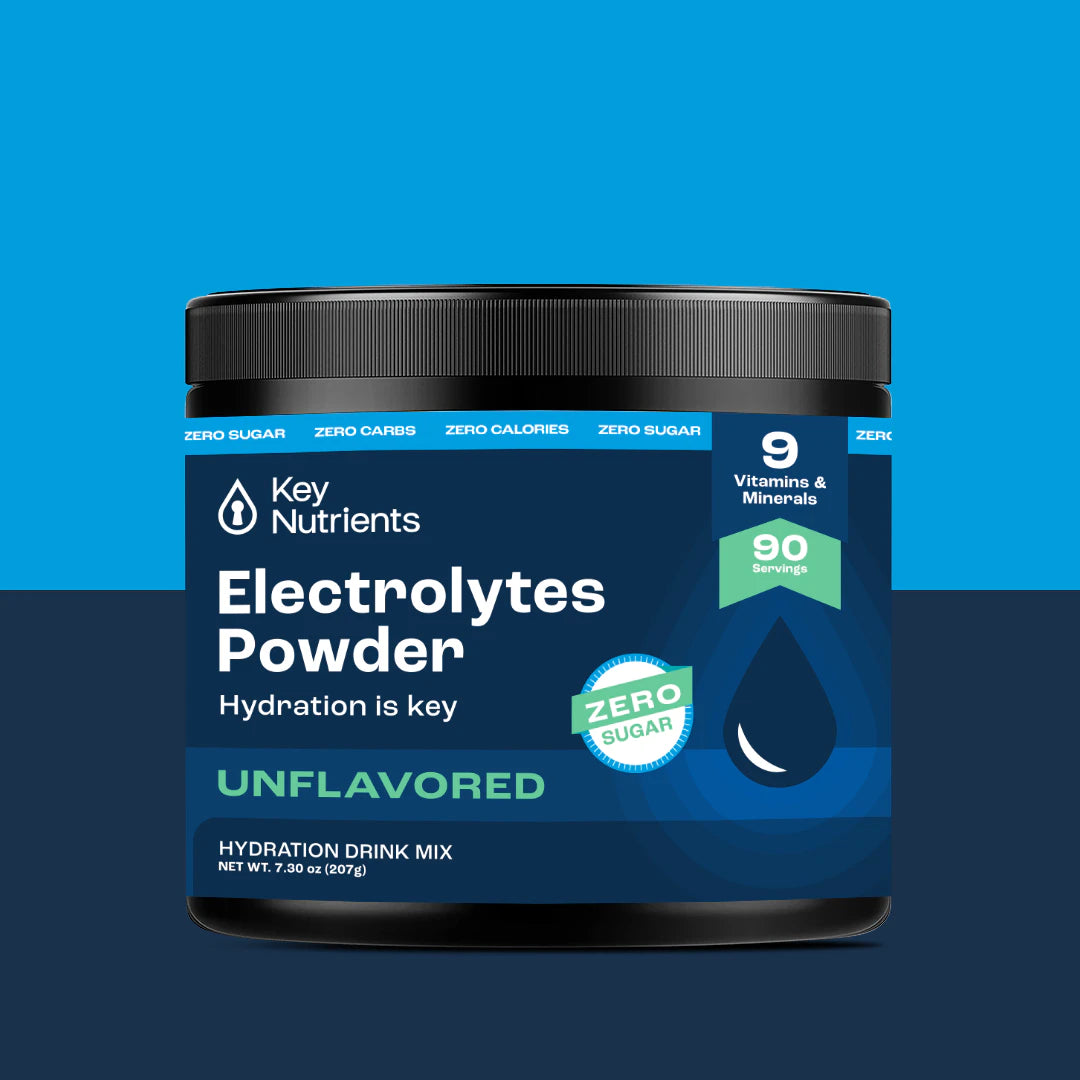 Jar of Electrolyte Recovery Plus Powder (Sugar-Free) on a blue background, featuring 90 servings. This keto-friendly powder provides perfect hydration with balanced electrolytes and contains no added flavorings.