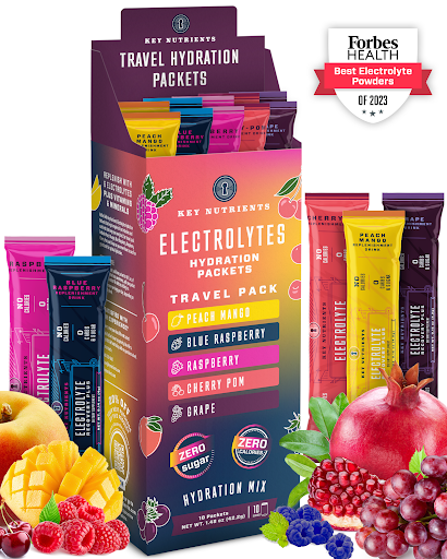 Electrolyte Recovery Plus Powder Packets: color packets with fruit images, Forbes Health label, free gift offer.