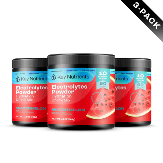 Watermelon - 270 servings Three containers of Electrolyte Recovery Plus Powder (Sugar-Free) in watermelon flavor, perfect for a 3-pack Keto Diet Friendly hydration drink.