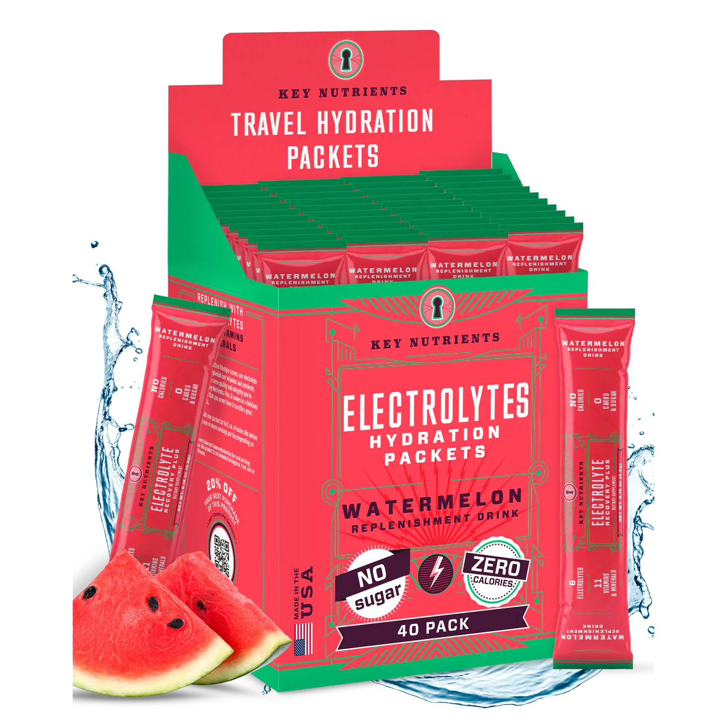 Box of Electrolyte Recovery Plus Powder (Sugar-Free) in watermelon flavor, ideally crafted for a refreshing hydration drink when mixed with water. It's keto-friendly and enriched with essential electrolytes to keep you energized.