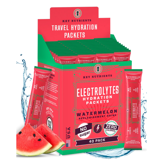 Watermelon - 40 servings Box of Electrolyte Recovery Plus Powder (Sugar-Free) in watermelon flavor, ideally crafted for a refreshing hydration drink when mixed with water. It's keto-friendly and enriched with essential electrolytes to keep you energized.