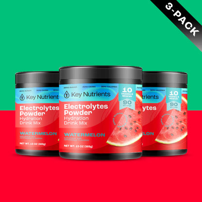 Three jars of Electrolyte Recovery Plus Powder (Sugar-Free) sit against a vibrant red and green background, perfect for creating a refreshing hydration drink.