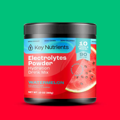 Electrolyte Recovery Plus Powder (Sugar-Free) is available in a refreshing watermelon flavor, presented in a vibrant red and green container. This hydration drink is ideal for anyone wanting an energy boost while sticking to their keto lifestyle.