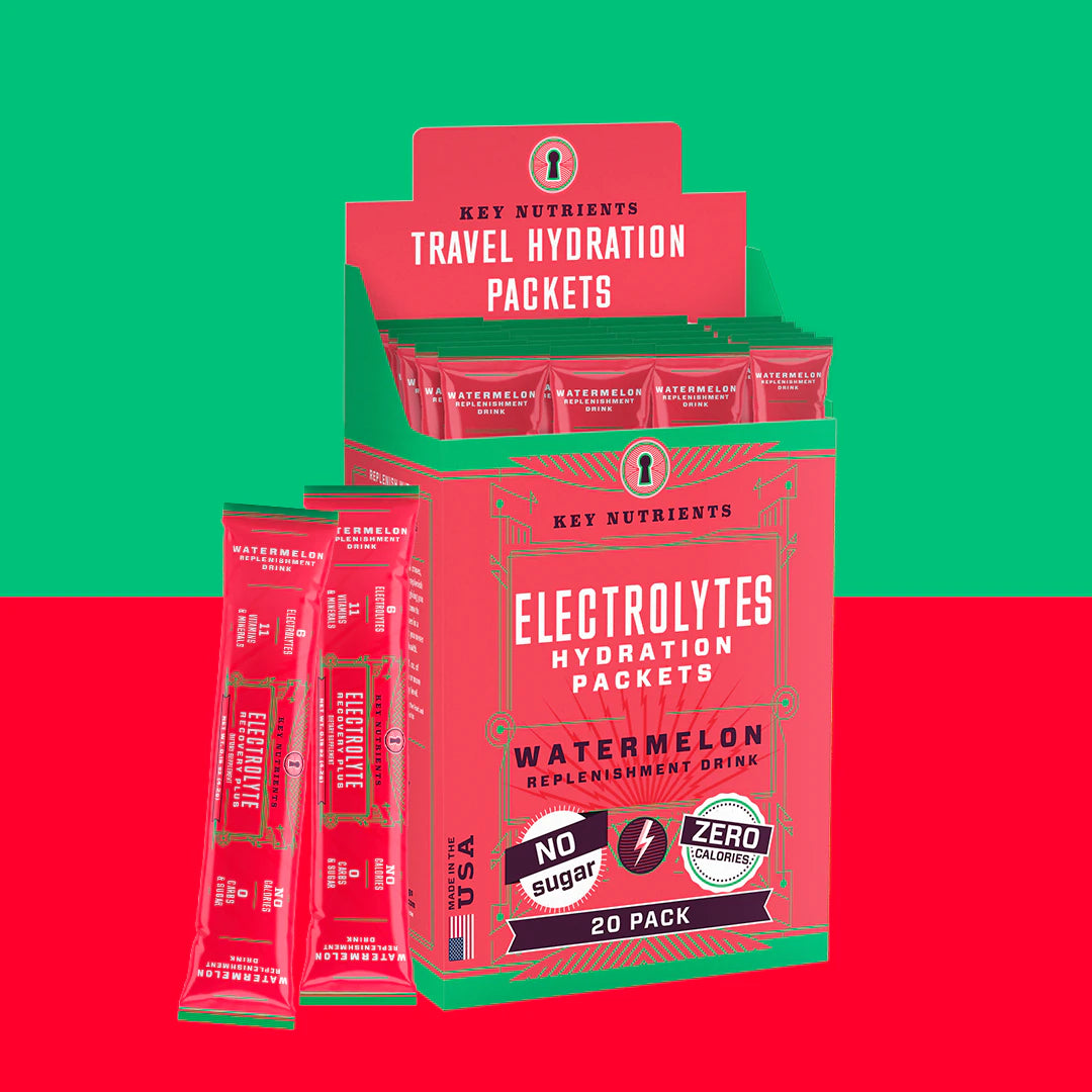 A red and green box featuring Key Nutrients' Electrolyte Recovery Plus Powder (Sugar-Free), bursting with watermelon flavor, sits on a matching background. This hydration drink is ideal for those on a keto diet, offering refreshing electrolyte powder to keep you hydrated.