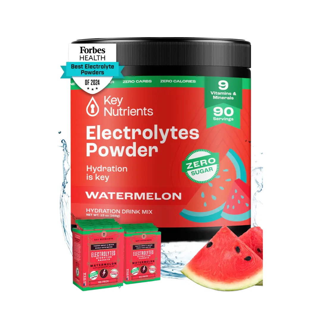 The Electrolyte Recovery Plus Powder (Sugar-Free) container, featuring a refreshing watermelon flavor and a Forbes Health award badge, is the perfect hydration drink for those on a keto diet.