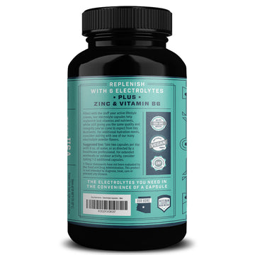 A bottle of Electrolyte Hydration Pills in capsule form featuring a teal label and various certification symbols.