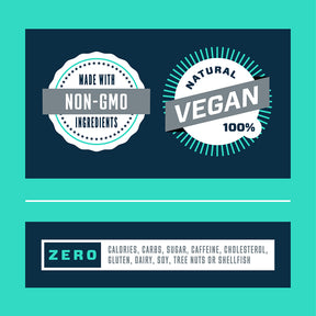 non-GMO, vegan, zero carbs, sugar claims logos