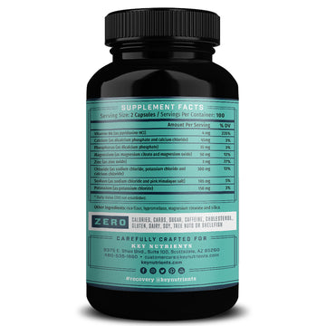 A sleek black supplement bottle with a teal label, designed for Electrolyte Hydration Pills (capsule form), features nutritional information and the word Zero highlighted in white, ideal for Keto electrolyte support.