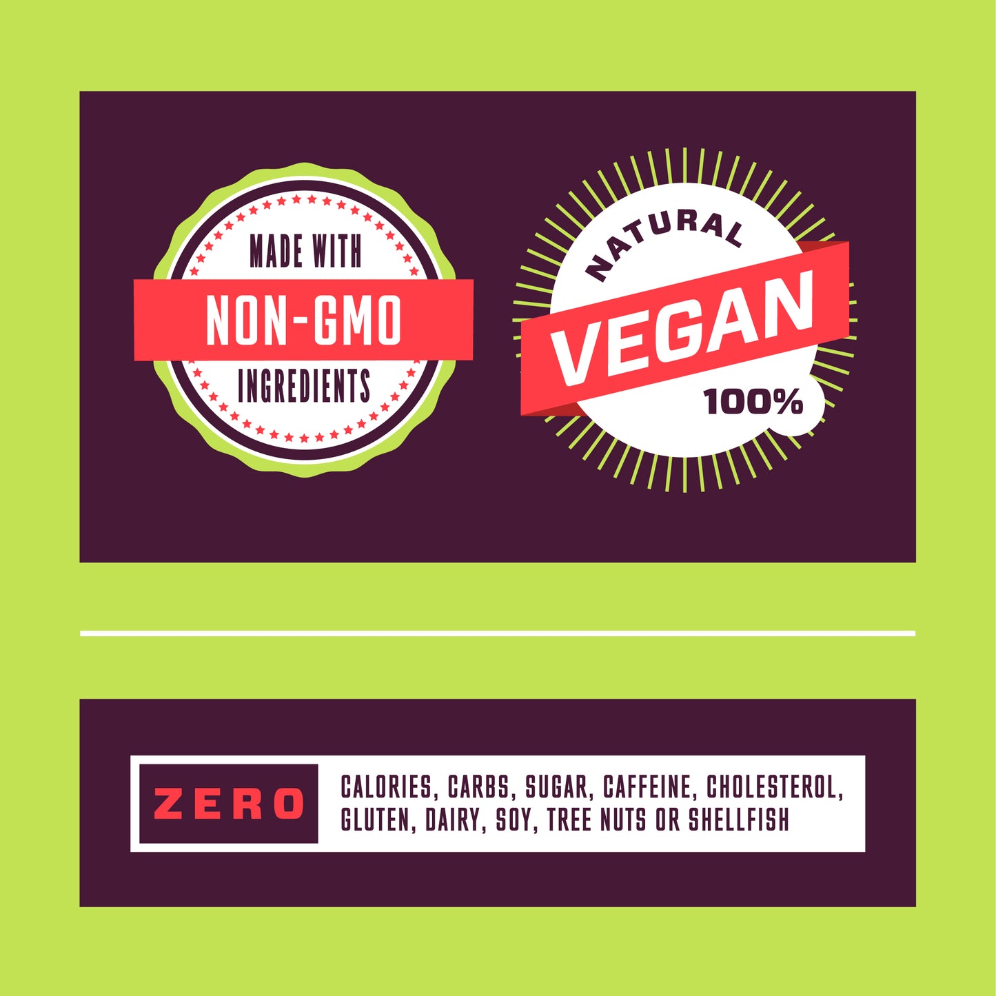 Non-GMO, vegan, zero carbs, sugar-free logos